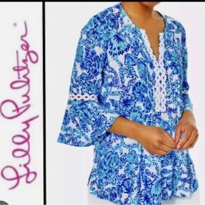 Lilly Pulitzer Hollie Tunic, Turquoise Oasis, Shell Me You Love Me, Sz: M; EUC